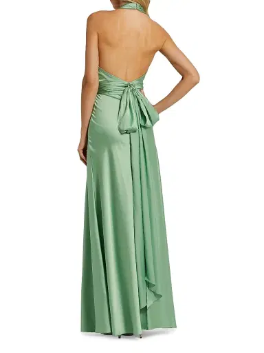 Mac Duggal Women's Halter Neck Tie-Back Ruched Satin Gown - Sage | Thumbnail 2 Mac Duggal Women's Halter Neck Tie-Back Ruched Satin Gown - Sage | Thumbnail 2
