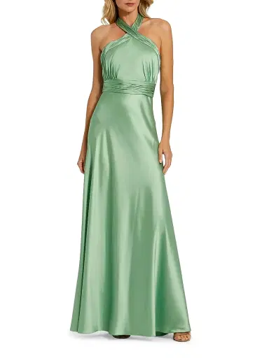 Mac Duggal Women's Halter Neck Tie-Back Ruched Satin Gown - Sage | Thumbnail 1 Mac Duggal Women's Halter Neck Tie-Back Ruched Satin Gown - Sage | Thumbnail 1
