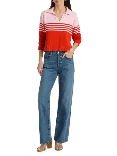 SIMKHAI Women's Jules Striped Cotton Polo Shirt - Lobster Stripe | Thumbnail 2 SIMKHAI Women's Jules Striped Cotton Polo Shirt - Lobster Stripe | Thumbnail 2