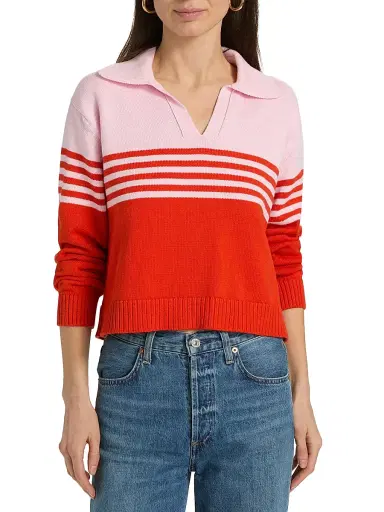 SIMKHAI Women's Jules Striped Cotton Polo Shirt - Lobster Stripe | Thumbnail 3 SIMKHAI Women's Jules Striped Cotton Polo Shirt - Lobster Stripe | Thumbnail 3