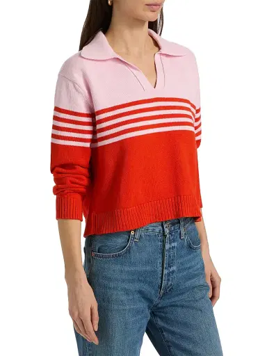 SIMKHAI Women's Jules Striped Cotton Polo Shirt - Lobster Stripe | Thumbnail 4 SIMKHAI Women's Jules Striped Cotton Polo Shirt - Lobster Stripe | Thumbnail 4