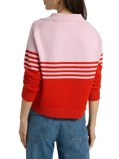 SIMKHAI Women's Jules Striped Cotton Polo Shirt - Lobster Stripe | Thumbnail 5 SIMKHAI Women's Jules Striped Cotton Polo Shirt - Lobster Stripe | Thumbnail 5