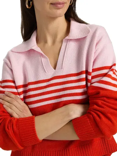 SIMKHAI Women's Jules Striped Cotton Polo Shirt - Lobster Stripe | Thumbnail 6 SIMKHAI Women's Jules Striped Cotton Polo Shirt - Lobster Stripe | Thumbnail 6