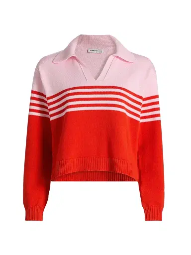 SIMKHAI Women's Jules Striped Cotton Polo Shirt - Lobster Stripe | Thumbnail 1 SIMKHAI Women's Jules Striped Cotton Polo Shirt - Lobster Stripe | Thumbnail 1