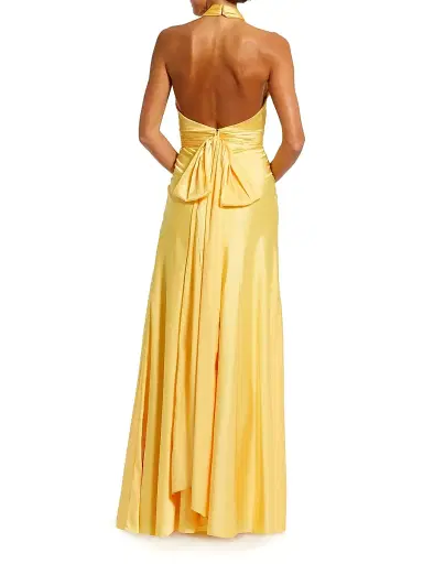 Mac Duggal Women's Halter Neck Tie-Back Ruched Satin Gown - Lemon | Thumbnail 2 Mac Duggal Women's Halter Neck Tie-Back Ruched Satin Gown - Lemon | Thumbnail 2