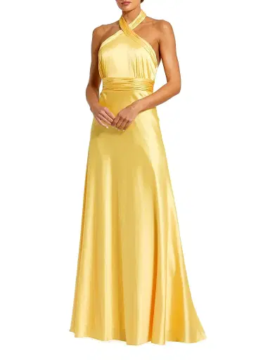 Mac Duggal Women's Halter Neck Tie-Back Ruched Satin Gown - Lemon | Thumbnail 1 Mac Duggal Women's Halter Neck Tie-Back Ruched Satin Gown - Lemon | Thumbnail 1