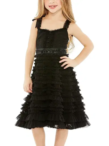 Mac Duggal Little Girl's & Girl's Beaded Bow Strap Ruffle Lace Dress - Black | Thumbnail 1 Mac Duggal Little Girl's & Girl's Beaded Bow Strap Ruffle Lace Dress - Black | Thumbnail 1
