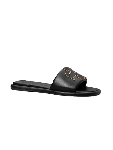 Tory Burch Women's Double-T Monogram Padded Leather Slide Sandals - Perfect Black | Thumbnail 2 Tory Burch Women's Double-T Monogram Padded Leather Slide Sandals - Perfect Black | Thumbnail 2