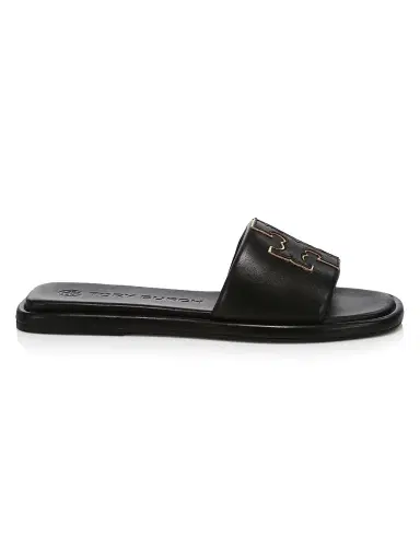 Tory Burch Women's Double-T Monogram Padded Leather Slide Sandals - Perfect Black | Thumbnail 1 Tory Burch Women's Double-T Monogram Padded Leather Slide Sandals - Perfect Black | Thumbnail 1