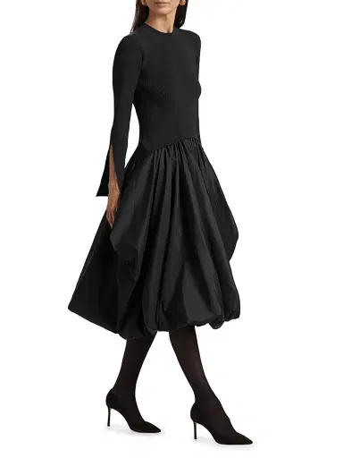 SIMKHAI Women's Kenlie Mixed-Media Bubble Skirt Midi-Dress - Black | Thumbnail 2 SIMKHAI Women's Kenlie Mixed-Media Bubble Skirt Midi-Dress - Black | Thumbnail 2