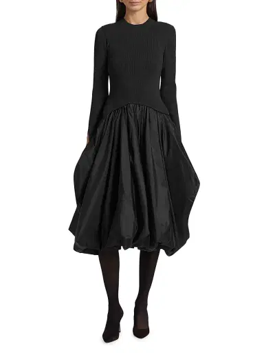 SIMKHAI Women's Kenlie Mixed-Media Bubble Skirt Midi-Dress - Black | Thumbnail 3 SIMKHAI Women's Kenlie Mixed-Media Bubble Skirt Midi-Dress - Black | Thumbnail 3