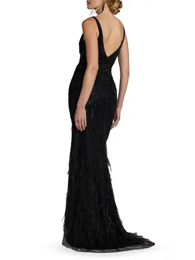 Mac Duggal Women's Embellished Feather-Trim V-Neck Gown - Black - Size 12 | Thumbnail 2 Mac Duggal Women's Embellished Feather-Trim V-Neck Gown - Black - Size 12 | Thumbnail 2