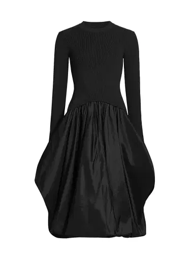 SIMKHAI Women's Kenlie Mixed-Media Bubble Skirt Midi-Dress - Black | Thumbnail 1 SIMKHAI Women's Kenlie Mixed-Media Bubble Skirt Midi-Dress - Black | Thumbnail 1