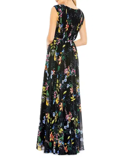 Mac Duggal Women's Pleated Floral A-Line Gown - Black Multi | Thumbnail 3 Mac Duggal Women's Pleated Floral A-Line Gown - Black Multi | Thumbnail 3