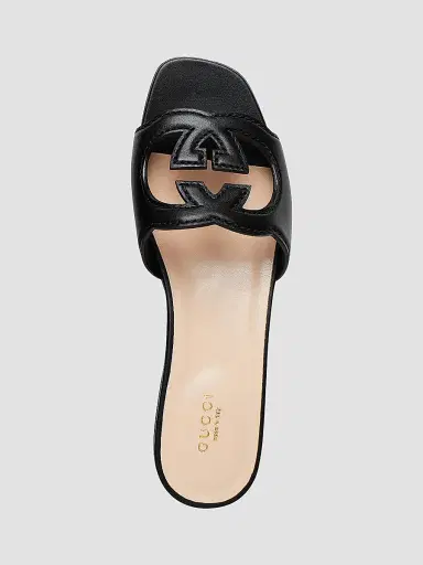 Gucci Women's GG Cut-Out Leather Slides - Black Sandals | Thumbnail 5 Gucci Women's GG Cut-Out Leather Slides - Black Sandals | Thumbnail 5