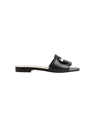 Gucci Women's GG Cut-Out Leather Slides - Black Sandals | Thumbnail 1 Gucci Women's GG Cut-Out Leather Slides - Black Sandals | Thumbnail 1