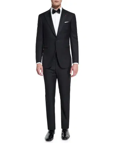 Isaia Satin Peak-Lapel One-Button Wool Tuxedo | Thumbnail 1 Isaia Satin Peak-Lapel One-Button Wool Tuxedo | Thumbnail 1