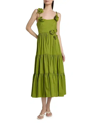 Cinq à Sept Women's Kael Embellished Cotton-Blend Tiered Midi-Dress - Dark Lime | Thumbnail 2 Cinq à Sept Women's Kael Embellished Cotton-Blend Tiered Midi-Dress - Dark Lime | Thumbnail 2
