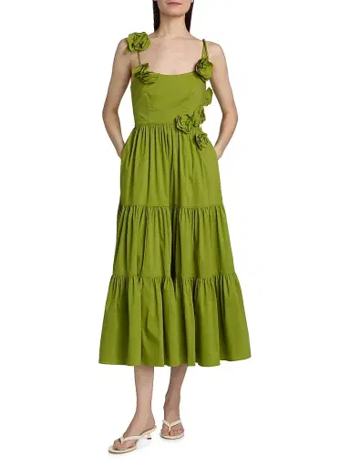 Cinq à Sept Women's Kael Embellished Cotton-Blend Tiered Midi-Dress - Dark Lime | Thumbnail 3 Cinq à Sept Women's Kael Embellished Cotton-Blend Tiered Midi-Dress - Dark Lime | Thumbnail 3