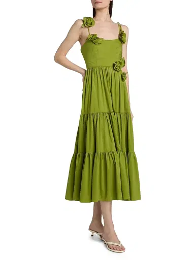 Cinq à Sept Women's Kael Embellished Cotton-Blend Tiered Midi-Dress - Dark Lime | Thumbnail 4 Cinq à Sept Women's Kael Embellished Cotton-Blend Tiered Midi-Dress - Dark Lime | Thumbnail 4