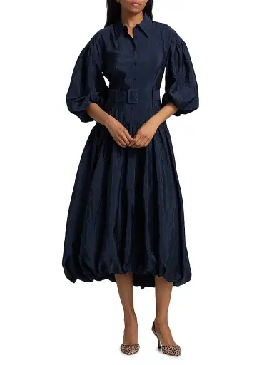 Cinq à Sept Women's Daliah Bubble-Hem Belted Midi-Shirtdress - Navy | Thumbnail 2 Cinq à Sept Women's Daliah Bubble-Hem Belted Midi-Shirtdress - Navy | Thumbnail 2