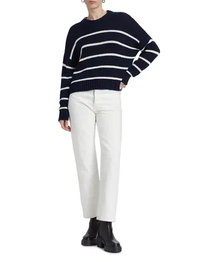 Jenni Kayne Women's Chloe Striped Cotton Crewneck Sweater - Navy Stripe | Thumbnail 2 Jenni Kayne Women's Chloe Striped Cotton Crewneck Sweater - Navy Stripe | Thumbnail 2