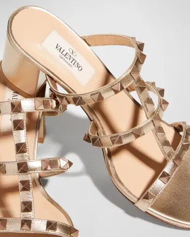 Valentino Garavani Rockstud Caged Metallic Leather Slide Sandals | Thumbnail 4 Valentino Garavani Rockstud Caged Metallic Leather Slide Sandals | Thumbnail 4