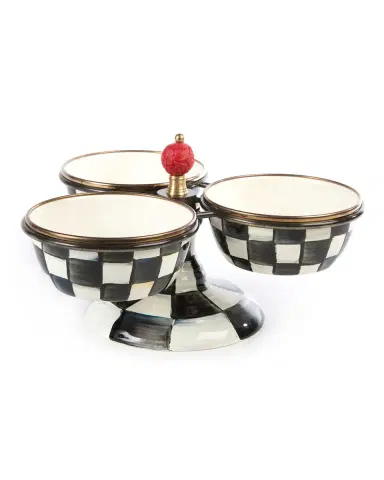 MacKenzie-Childs Courtly Check Enamel Triple Bowl Server | Thumbnail 1 MacKenzie-Childs Courtly Check Enamel Triple Bowl Server | Thumbnail 1