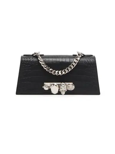 McQueen Women's Mini Jewelled Croc-Embossed Leather Shoulder Bag - Black | Thumbnail 1 McQueen Women's Mini Jewelled Croc-Embossed Leather Shoulder Bag - Black | Thumbnail 1