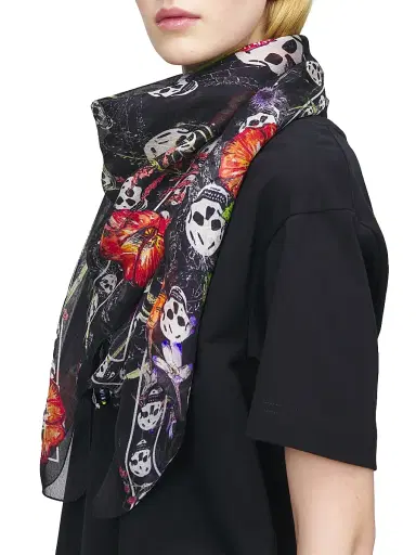 Alexander McQueen Women's Skull Silk Chiffon Scarf - Black Ivory | Thumbnail 2 Alexander McQueen Women's Skull Silk Chiffon Scarf - Black Ivory | Thumbnail 2