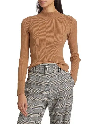 Elie Tahari Women's Naya Button-Detailed Rib-Knit Sweater - Saddle | Thumbnail 3 Elie Tahari Women's Naya Button-Detailed Rib-Knit Sweater - Saddle | Thumbnail 3