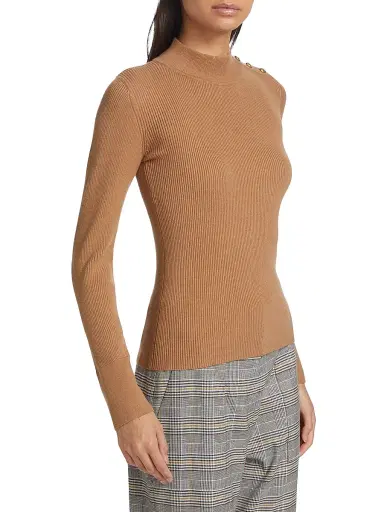 Elie Tahari Women's Naya Button-Detailed Rib-Knit Sweater - Saddle | Thumbnail 4 Elie Tahari Women's Naya Button-Detailed Rib-Knit Sweater - Saddle | Thumbnail 4