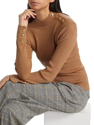 Elie Tahari Women's Naya Button-Detailed Rib-Knit Sweater - Saddle | Thumbnail 6 Elie Tahari Women's Naya Button-Detailed Rib-Knit Sweater - Saddle | Thumbnail 6