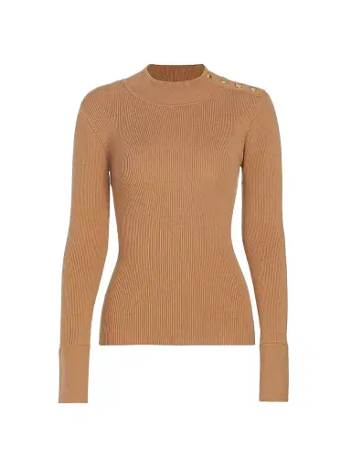 Elie Tahari Women's Naya Button-Detailed Rib-Knit Sweater - Saddle | Thumbnail 1 Elie Tahari Women's Naya Button-Detailed Rib-Knit Sweater - Saddle | Thumbnail 1