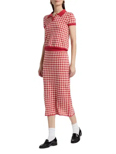 Guest in Residence Women's Gingham Silk-Linen Shrunken Polo Shirt - Scarlet Mist | Thumbnail 2 Guest in Residence Women's Gingham Silk-Linen Shrunken Polo Shirt - Scarlet Mist | Thumbnail 2
