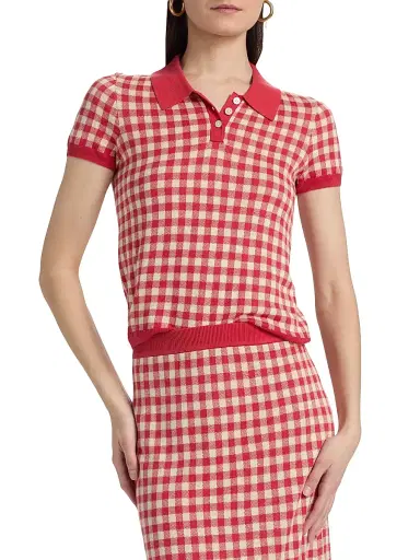 Guest in Residence Women's Gingham Silk-Linen Shrunken Polo Shirt - Scarlet Mist | Thumbnail 3 Guest in Residence Women's Gingham Silk-Linen Shrunken Polo Shirt - Scarlet Mist | Thumbnail 3