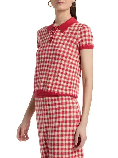 Guest in Residence Women's Gingham Silk-Linen Shrunken Polo Shirt - Scarlet Mist | Thumbnail 4 Guest in Residence Women's Gingham Silk-Linen Shrunken Polo Shirt - Scarlet Mist | Thumbnail 4