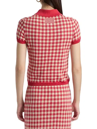 Guest in Residence Women's Gingham Silk-Linen Shrunken Polo Shirt - Scarlet Mist | Thumbnail 5 Guest in Residence Women's Gingham Silk-Linen Shrunken Polo Shirt - Scarlet Mist | Thumbnail 5