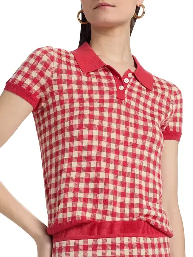 Guest in Residence Women's Gingham Silk-Linen Shrunken Polo Shirt - Scarlet Mist | Thumbnail 6 Guest in Residence Women's Gingham Silk-Linen Shrunken Polo Shirt - Scarlet Mist | Thumbnail 6