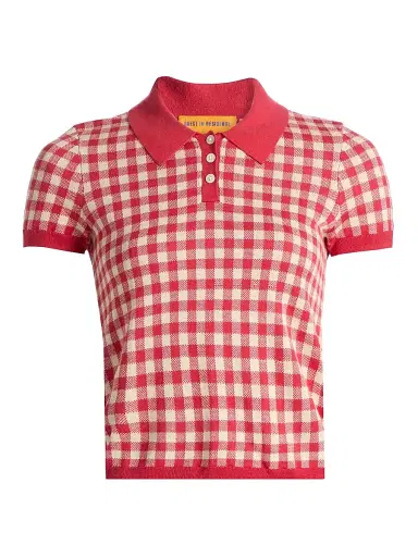 Guest in Residence Women's Gingham Silk-Linen Shrunken Polo Shirt - Scarlet Mist | Thumbnail 1 Guest in Residence Women's Gingham Silk-Linen Shrunken Polo Shirt - Scarlet Mist | Thumbnail 1