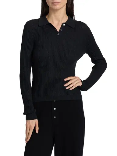 Guest in Residence Women's Shrunken Cashmere Long-Sleeve Polo Shirt - Black | Thumbnail 3 Guest in Residence Women's Shrunken Cashmere Long-Sleeve Polo Shirt - Black | Thumbnail 3