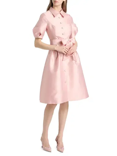 Teri Jon by Rickie Freeman Women's Tie-Waist Faille Knee-Length Shirtdress - Blush | Thumbnail 2 Teri Jon by Rickie Freeman Women's Tie-Waist Faille Knee-Length Shirtdress - Blush | Thumbnail 2