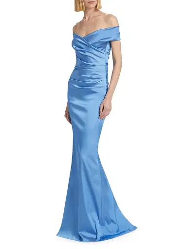 Teri Jon by Rickie Freeman Women's Off-The-Shoulder Ruched Satin Gown - Periwinkle | Thumbnail 2 Teri Jon by Rickie Freeman Women's Off-The-Shoulder Ruched Satin Gown - Periwinkle | Thumbnail 2