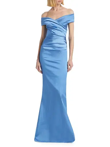 Teri Jon by Rickie Freeman Women's Off-The-Shoulder Ruched Satin Gown - Periwinkle | Thumbnail 3 Teri Jon by Rickie Freeman Women's Off-The-Shoulder Ruched Satin Gown - Periwinkle | Thumbnail 3