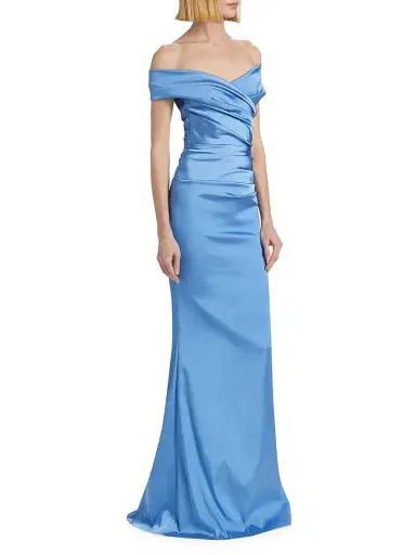 Teri Jon by Rickie Freeman Women's Off-The-Shoulder Ruched Satin Gown - Periwinkle | Thumbnail 4 Teri Jon by Rickie Freeman Women's Off-The-Shoulder Ruched Satin Gown - Periwinkle | Thumbnail 4