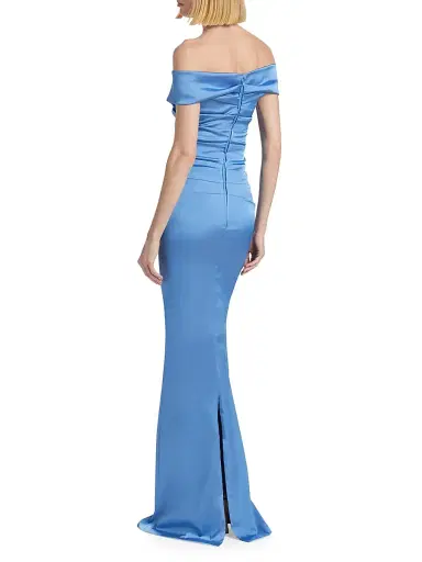 Teri Jon by Rickie Freeman Women's Off-The-Shoulder Ruched Satin Gown - Periwinkle | Thumbnail 5 Teri Jon by Rickie Freeman Women's Off-The-Shoulder Ruched Satin Gown - Periwinkle | Thumbnail 5