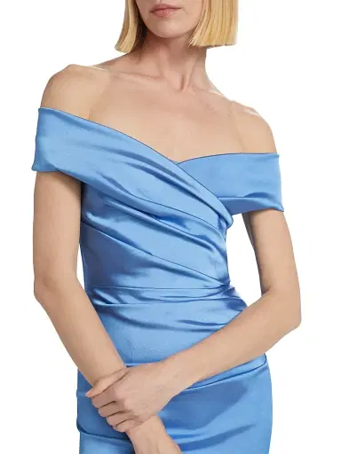 Teri Jon by Rickie Freeman Women's Off-The-Shoulder Ruched Satin Gown - Periwinkle | Thumbnail 6 Teri Jon by Rickie Freeman Women's Off-The-Shoulder Ruched Satin Gown - Periwinkle | Thumbnail 6