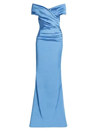 Teri Jon by Rickie Freeman Women's Off-The-Shoulder Ruched Satin Gown - Periwinkle | Thumbnail 1 Teri Jon by Rickie Freeman Women's Off-The-Shoulder Ruched Satin Gown - Periwinkle | Thumbnail 1