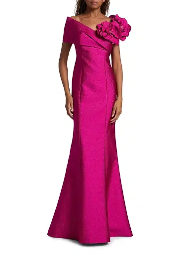 Teri Jon by Rickie Freeman Women's Flower Off-Shoulder Jacquard Gown - Berry - Size 10 | Thumbnail 3 Teri Jon by Rickie Freeman Women's Flower Off-Shoulder Jacquard Gown - Berry - Size 10 | Thumbnail 3