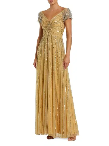 Mac Duggal Women's Embellished Mesh Fit & Flare Gown - Gold - Size 14 | Thumbnail 1 Mac Duggal Women's Embellished Mesh Fit & Flare Gown - Gold - Size 14 | Thumbnail 1